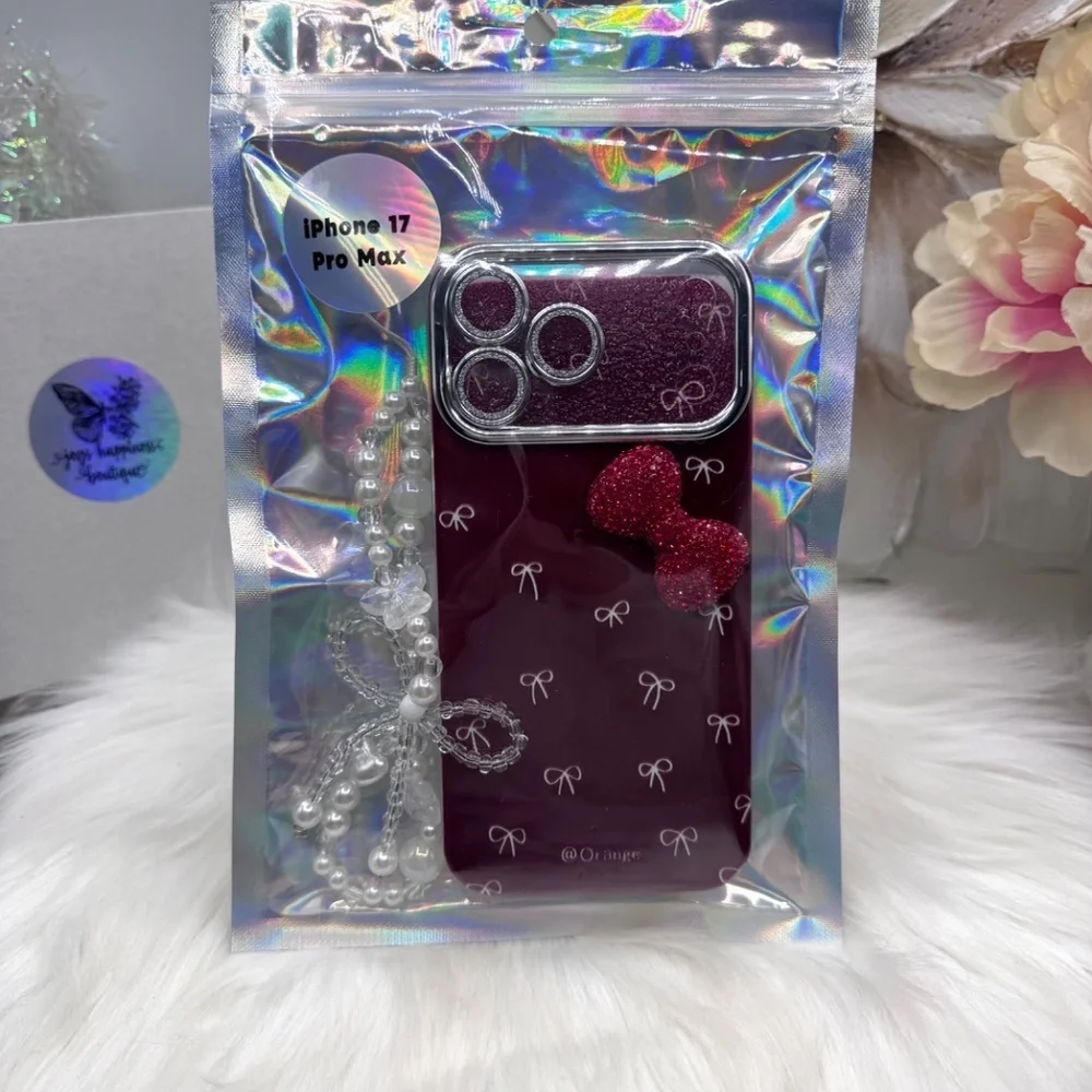 Chic iPhone 17 Pro Max  Bow Theme Wine Case w/ bows design & matching bead charm